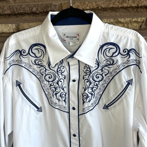 Ace of Diamonds Men's White & Blue Embroidered Western Pearl Snap Shirt Size 2X - Picture 11 of 13
